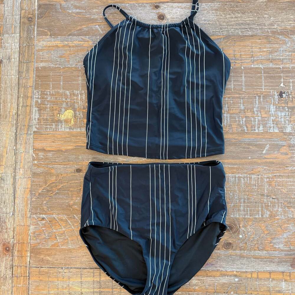 Janela Bay Black Pinstripe High Neck Tankini Set Size M
